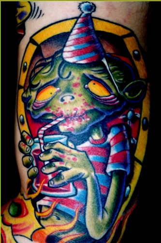 Tattoos - blood drinkin party zombie in a coffin tattoo - 14280
